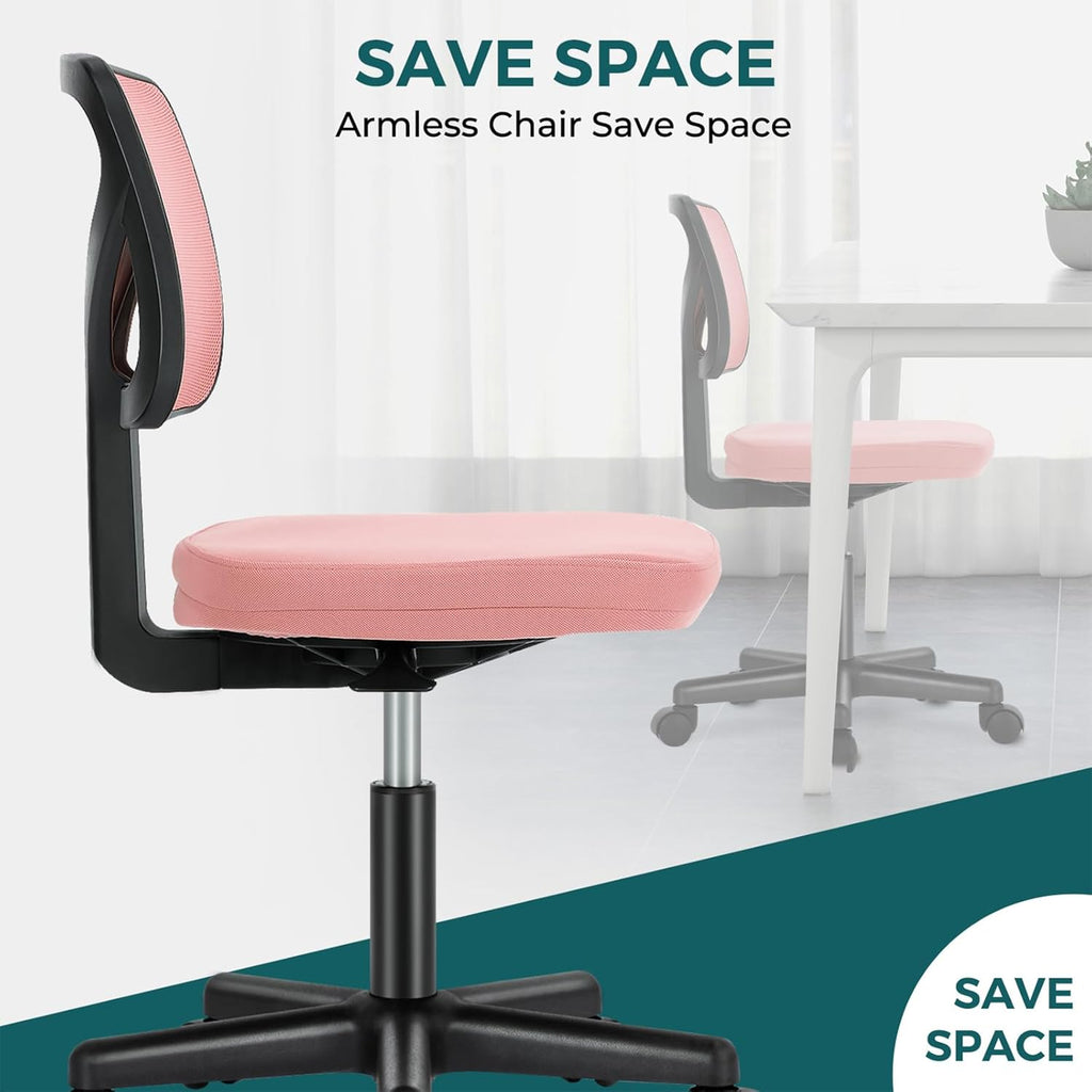 Small Office Chair Armless, Ergonomic Adjustable Home Office Swivel Rolling Task Chair No Arms, Comfy Mesh Mid Back Computer Work Vanity Desk Chiars with Wheels for Small Spaces, Hot Pink