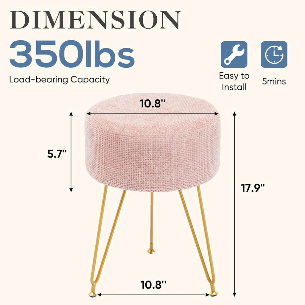 Velvet Vanity Stool, 350LBS Heavy-Duty Makeup Stool with 4CM Thick Cushion, Round Ottoman Footrest Chair for Bedroom, Bathroom, Dressing Table, Easy-Clean Soft Fabric, Pink