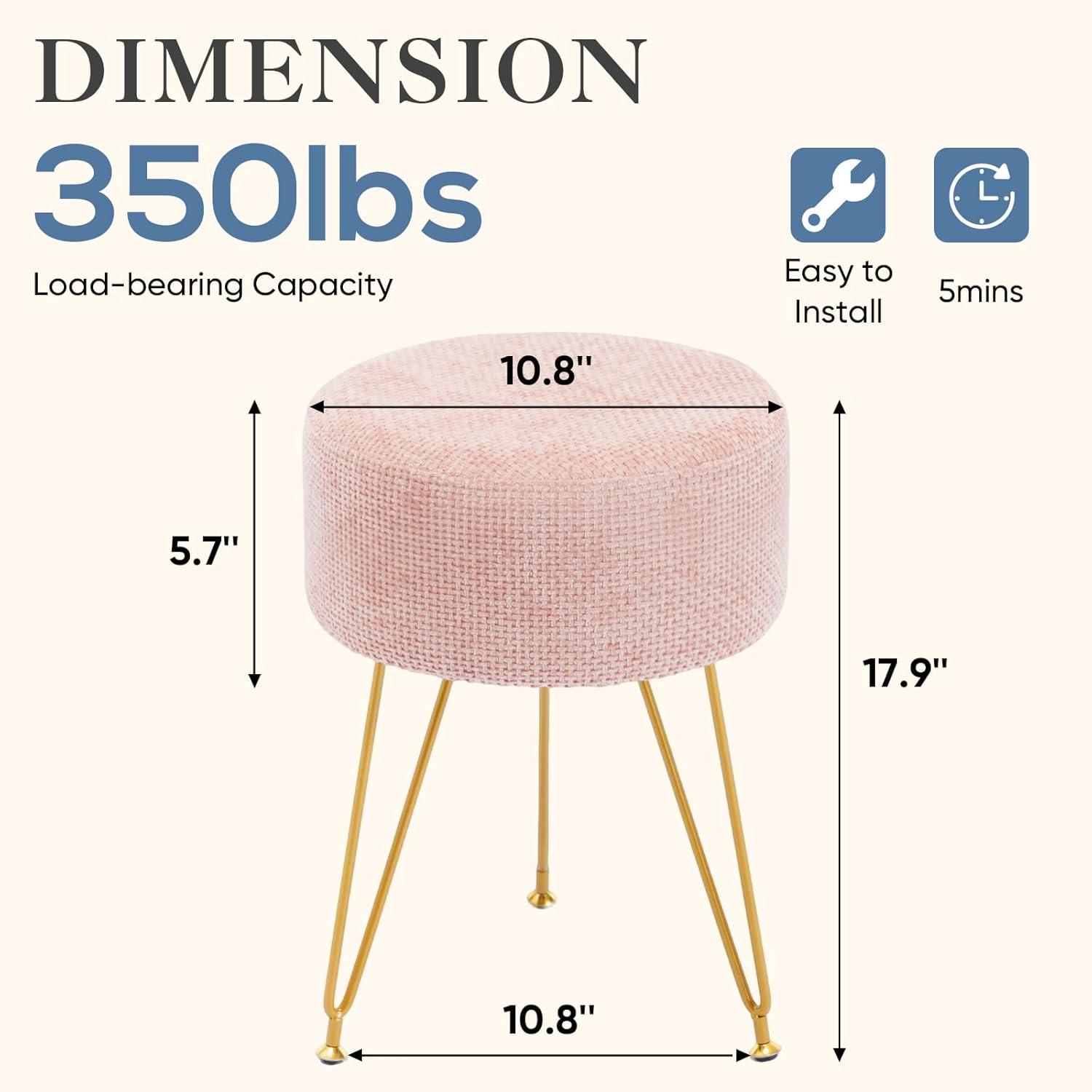 Velvet Vanity Stool, 350LBS Heavy-Duty Makeup Stool with 4CM Thick Cushion, Round Ottoman Footrest Chair for Bedroom, Bathroom, Dressing Table, Easy-Clean Soft Fabric, Pink