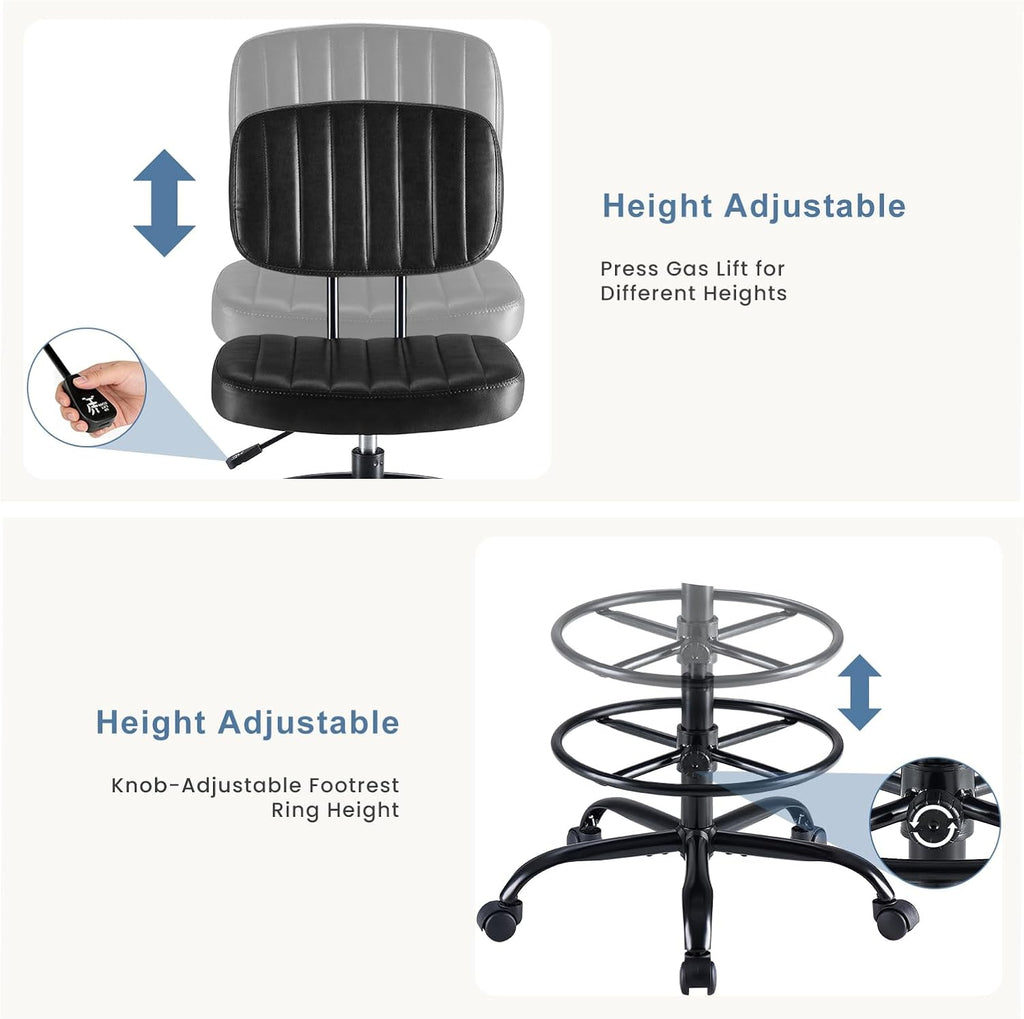 Armless Drafting Chair, Low Back Office Seat with Adjustable Footrest Ring for Standing Desk, Ergonomic PU Leather Office Seating, Swivel Rolling High Stool for Studio, Lab, Counter, Black