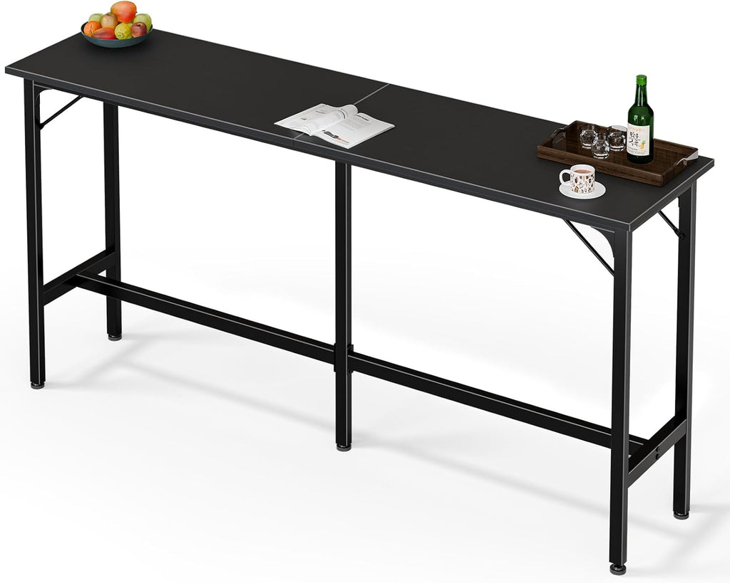71 inch Bar Table, Counter Bar Height Pub Table, Rectangular High Top Coffee Table, Narrow Long Kitchen & Dining Tables with Triangular Reinforced Structures and Centre Column Support, Black