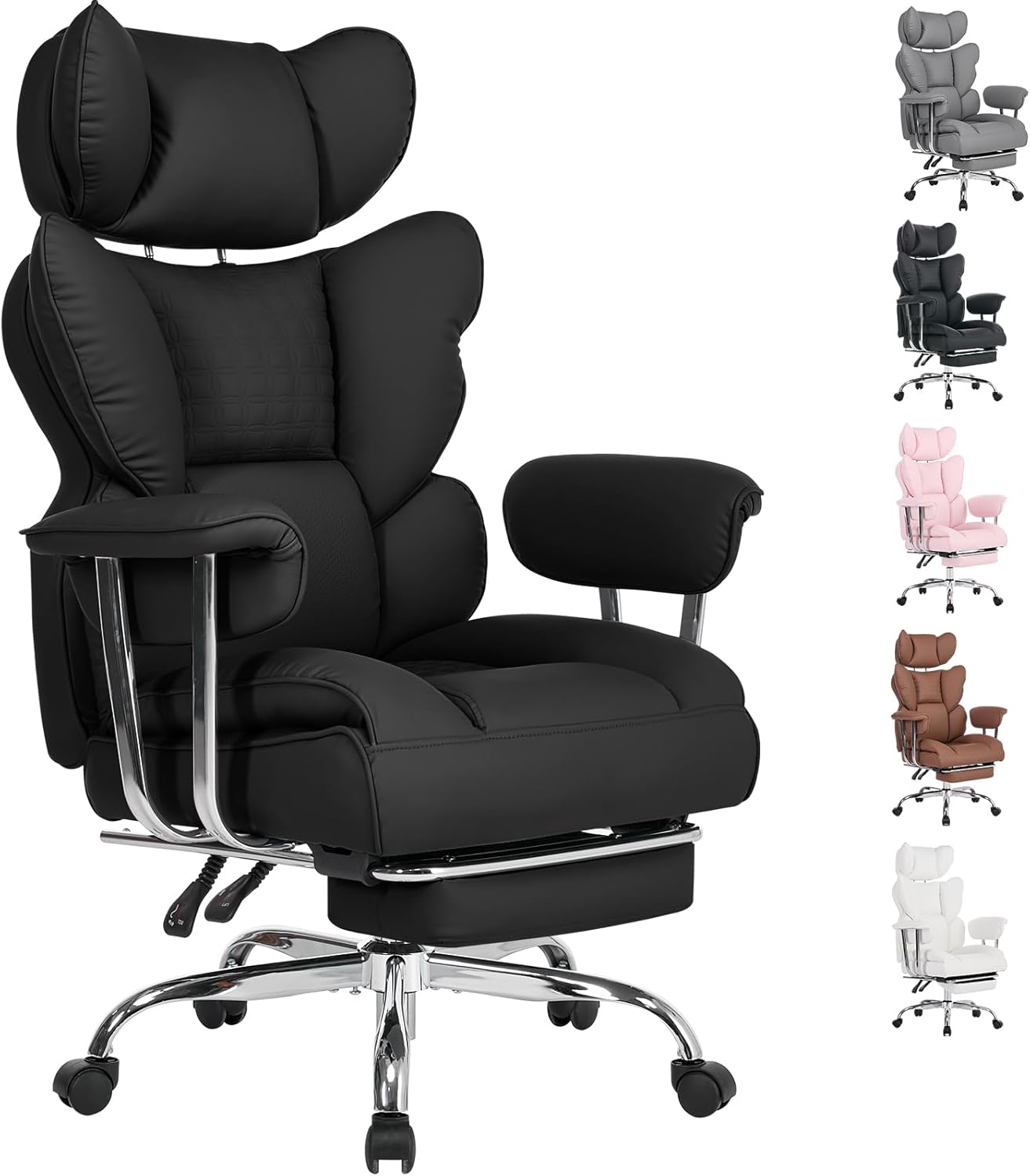 Big and Tall Home Office Desk Chair, Gaming Computer Chair, Executive Ergonomic Chair with Footrest, High Back Reclining, Adjustable Armrests and Comfy Lumbar Support, PU Leather, Pink