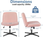 Criss Cross Chair No Wheels, Legged Office Desk Armless Chiar Wide Seat, Adjustable Swivel Teddy Fabric Task Vanity Chairs for Home Bedroom, Pink