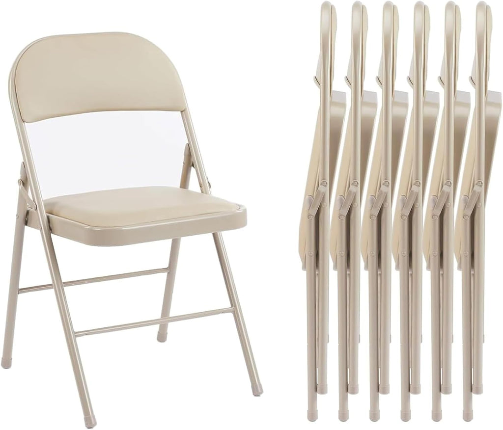 Folding Chair 4 Pack, Leather Padded Foldable Chairs, Sturdy Metal Portable Chairs, Easy to Use and Store, Outdoor and Indoor, for Home, Office, Party, Garden, Kahki