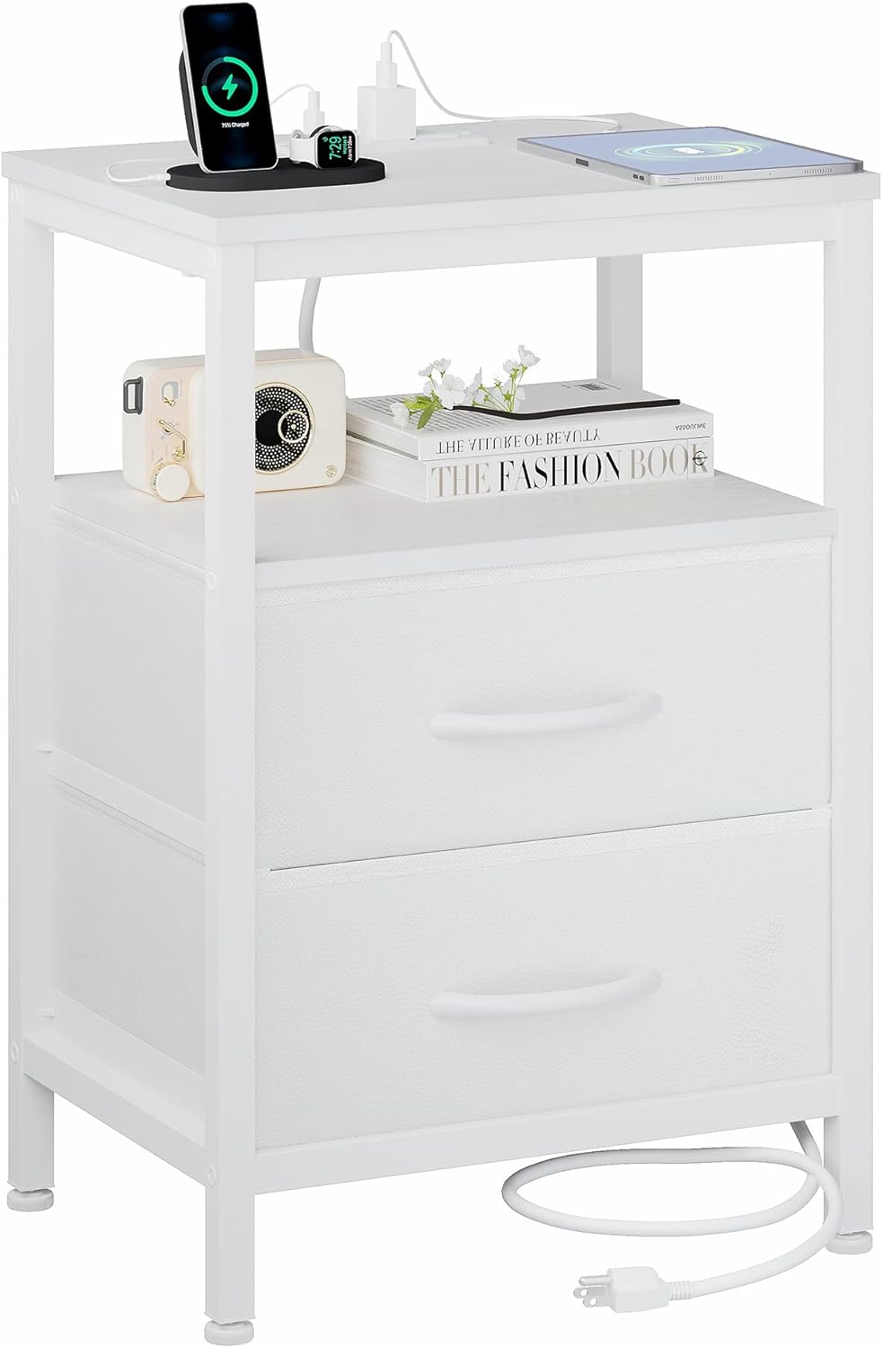 Nightstand with Charging Station, Bedside Table with USB Ports & Type-C, 2 Fabric Drawers Night Stand with Open Shelf, Compact End Table for Bedroom, White