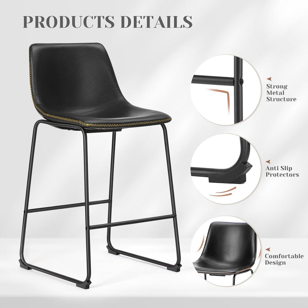 Counter Height Bar Stools Set of 4, 30 inch Height Stool Faux Leather Barstools with Back, Armless Kitchen Island Countertop Comfortable Modern Chairs with Metal Legs, Elegant Black