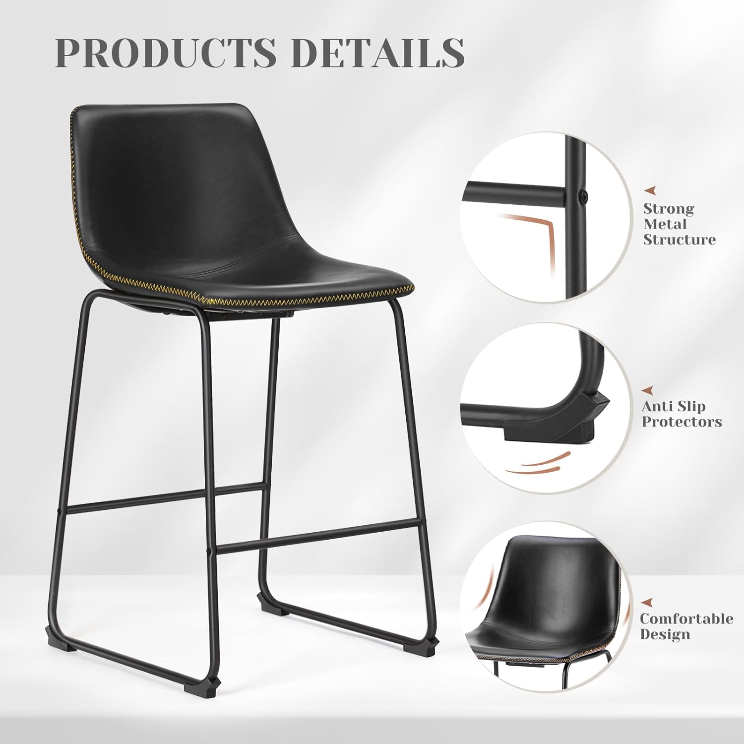 Counter Height Bar Stools Set of 4, 30 inch Height Stool Faux Leather Barstools with Back, Armless Kitchen Island Countertop Comfortable Modern Chairs with Metal Legs, Elegant Black