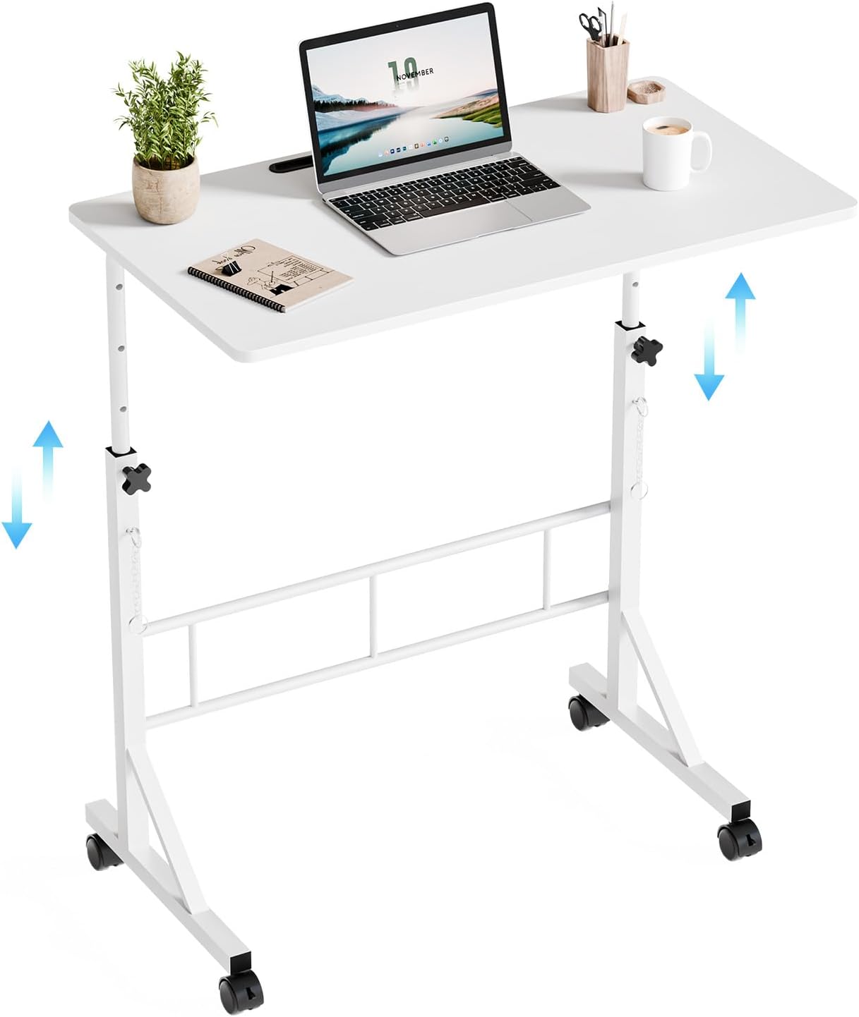 31.5 Adjustable Height Mobile Desk with Locking Wheels & Pin-Lock, Portable Workstation for Walking Pad & Active Home Office, White