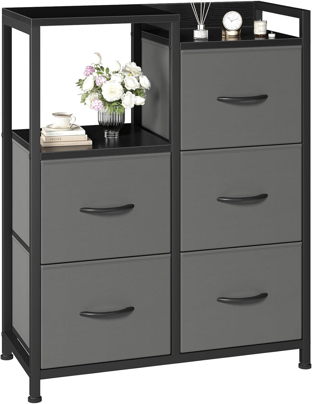 TV Stand, Dresser with 5 Fabric Storage Drawers, Media Console Featuring Open Shelf for TV, Compact Entertainment Unit for Bedroom, Living Space, or Dorm Organization, Grey