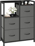 TV Stand, Dresser with 5 Fabric Storage Drawers, Media Console Featuring Open Shelf for TV, Compact Entertainment Unit for Bedroom, Living Space, or Dorm Organization, Grey