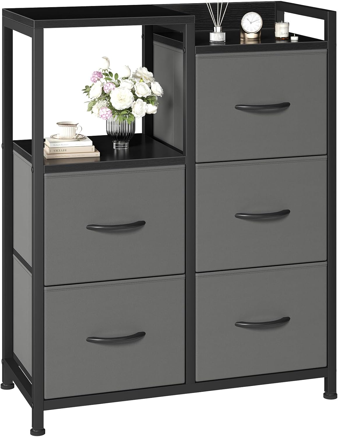 TV Stand, Dresser with 5 Fabric Storage Drawers, Media Console Featuring Open Shelf for TV, Compact Entertainment Unit for Bedroom, Living Space, or Dorm Organization, Grey