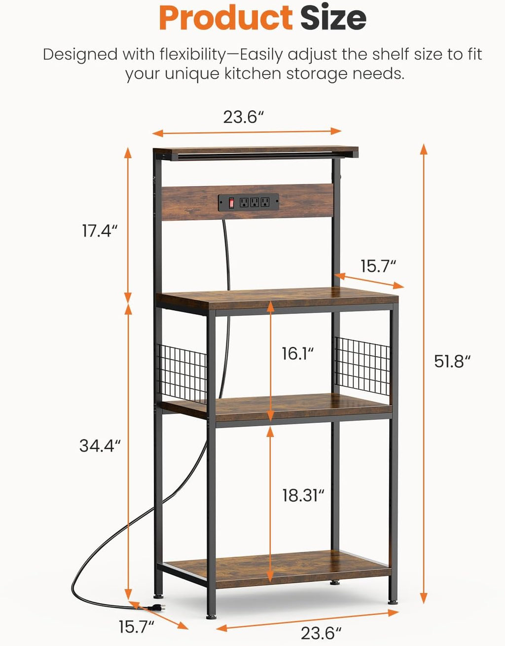 Kitchen Bakers Rack with Power Outlet, Coffee Bar Table 4 Tiers, Microwave Oven Stand Station, Adjustable Storage Shelf Freestanding Appliance Organizer - 23.6 Inch, Rustic Brown
