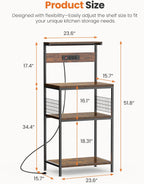 Kitchen Bakers Rack with Power Outlet, Coffee Bar Table 4 Tiers, Microwave Oven Stand Station, Adjustable Storage Shelf Freestanding Appliance Organizer - 23.6 Inch, Rustic Brown