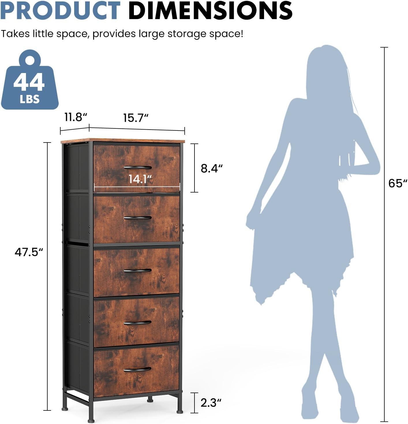 TV Stand Dresser with 5 Fabric Storage Drawers, Media Console Featuring Open Shelf for 45 inch TV, Compact Entertainment Unit for Bedroom, Living Space, or Dorm Organization, Oak