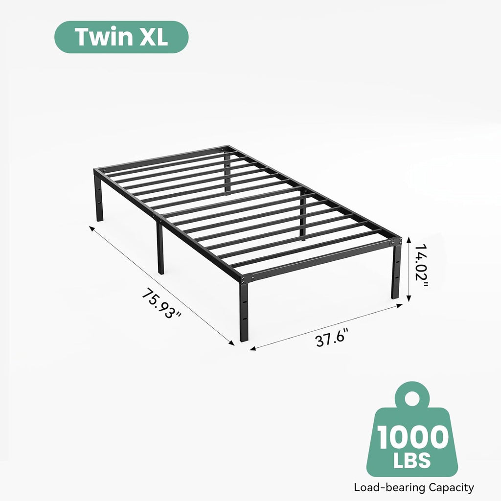 Twin XL Size 14 Inch Platform Bed Frame, Heavy Duty Metal Foundation Frame, Noise-Free Sturdy Steel Slats, Underbed Storage, No Box Spring Needed, Quick Setup