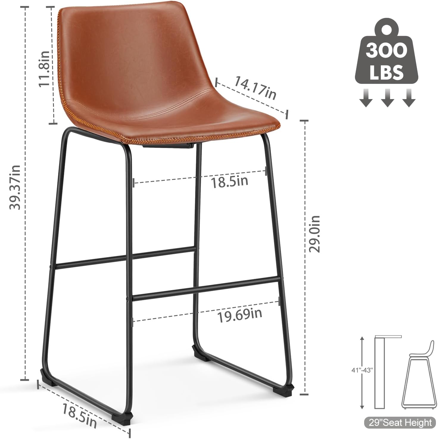 Counter Height Bar Stools Set of 4, 30 inch Height Stool Faux Leather Barstools with Back, Armless Kitchen Island Countertop Comfortable Modern Chairs with Metal Legs, Warm Brown