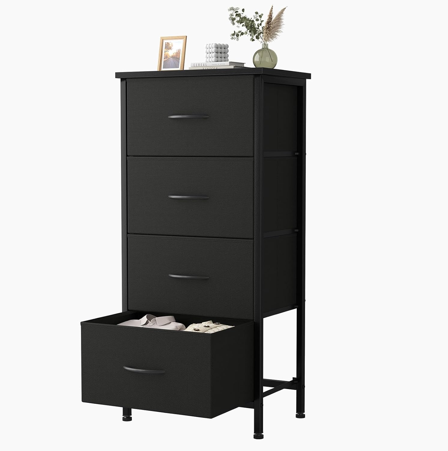 4 Fabric Drawer Small Dresser, Bedside Nightstand with Wooden Top Sturdy Frame, Entryway Closet Bedroom Storage Cabinet Furniture for Dorm,White