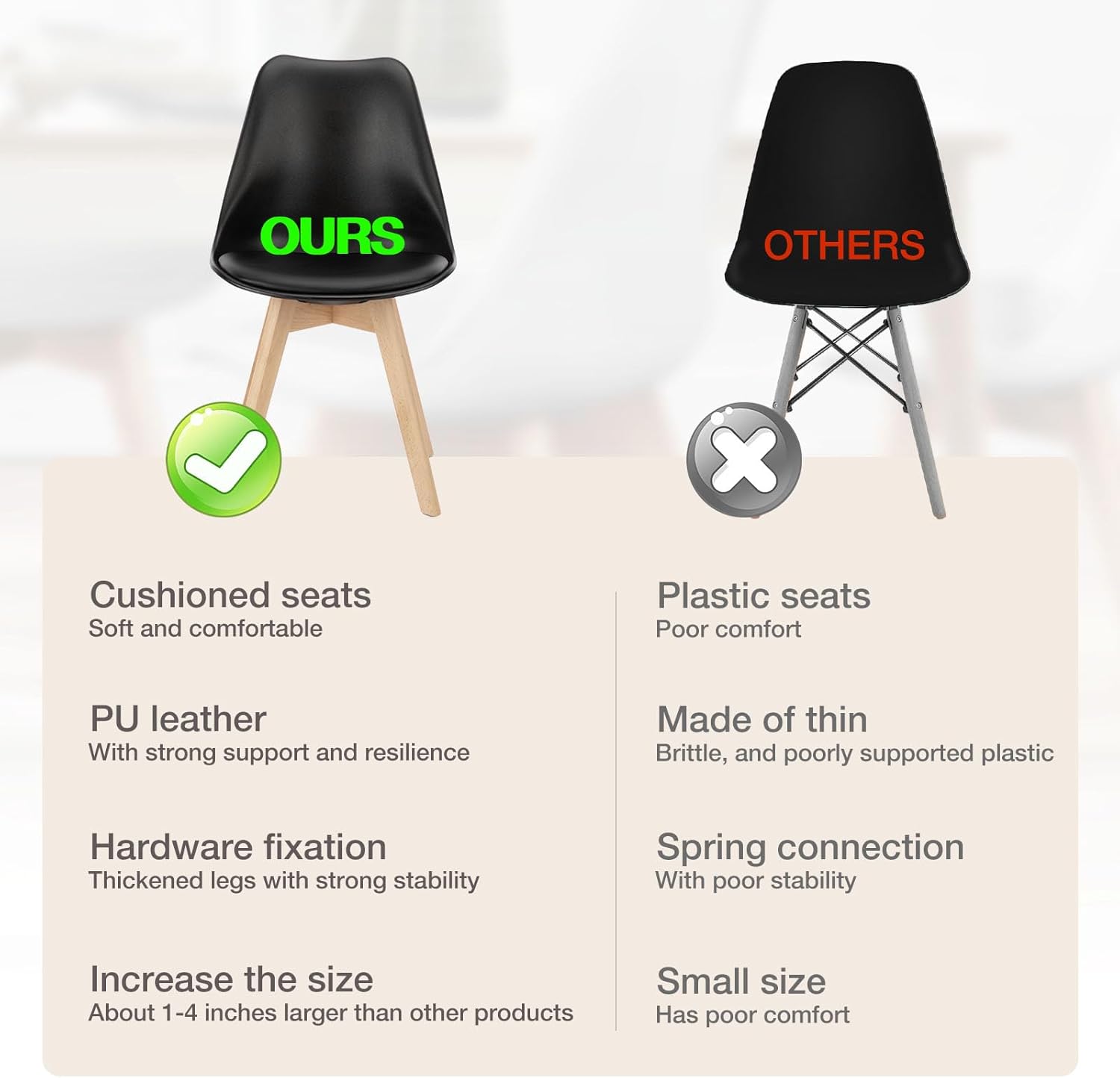 Modern Dining Chairs Set of 4, PU Leather Upholstered Kitchen Chairs with Wood Legs, Mid Century Accent Chairs for Living Room, Bedroom, Outdoor Lounge, Black