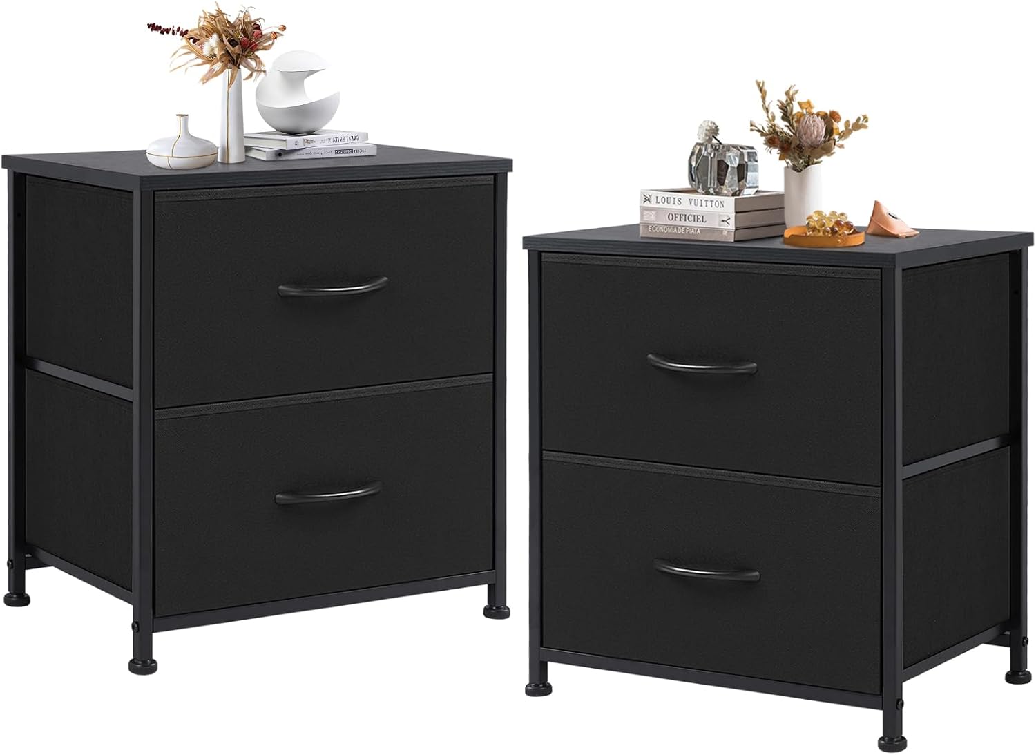 Nightstand Set of 2, Small Dresser with 2 Fabric Drawers Side Bedroom End Table Kids Bedside Storage Furniture for 25 inch Tall Night Stand for Closet, Entryway, College Dorm, Classic Black