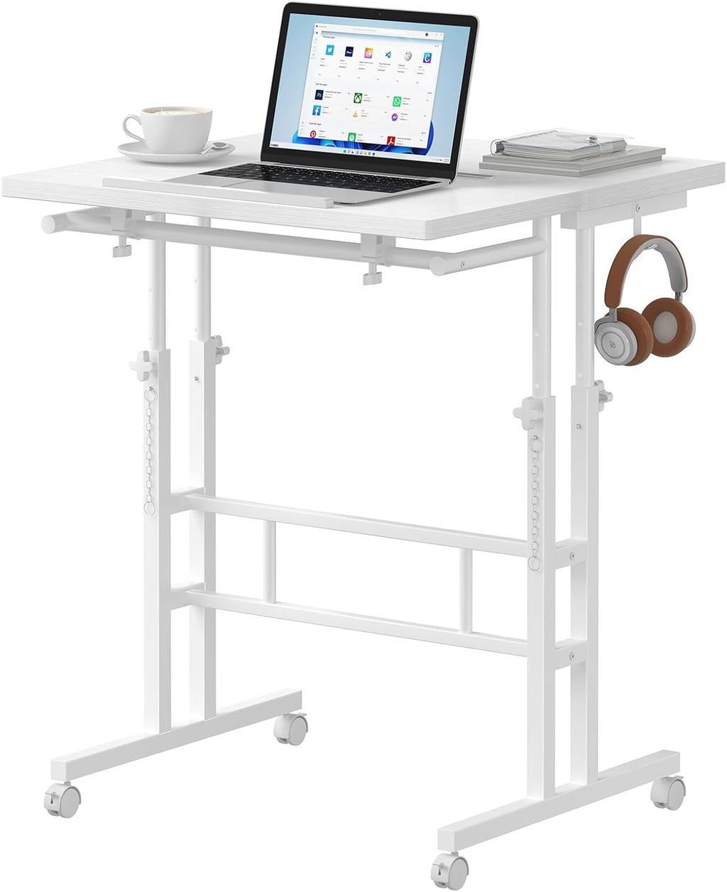 Split Top Rolling Standing Desk, 23.6 Inch Mobile Laptop Computer Desk, Manual Adjustable Height Workstation on Wheels, Sit Stand Office Table, Walking Pad Study Desk, White