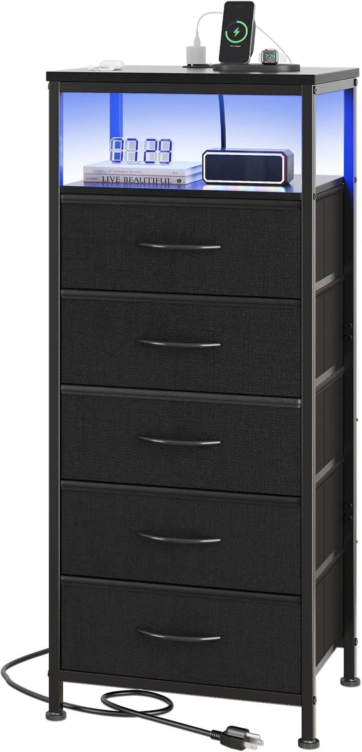 Nightstand with Charging Station, 3-Drawer Bedside Table with USB Ports & Type-C, Bedroom Night Stand with Fabric Drawers and Open Shelf, Tall Narrow End Table for Small Bedroom, Rustic Brown