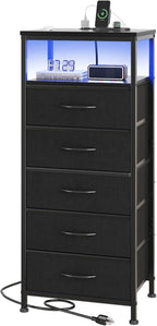 Nightstand with Charging Station, Bedside Tables with USB Ports and Fabric Drawer, Small Night Stand with Open Adjustable Shelf, Compact End Table for Bedroom, Black & Rust
