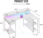 47?? Gaming Desk with USB Charging Ports & LED Lights, Reversible L Shaped Desks Computer Corner Gamer Table with Power Outlets Monitor Stand Storage Shelves for Home Office Small Space, White