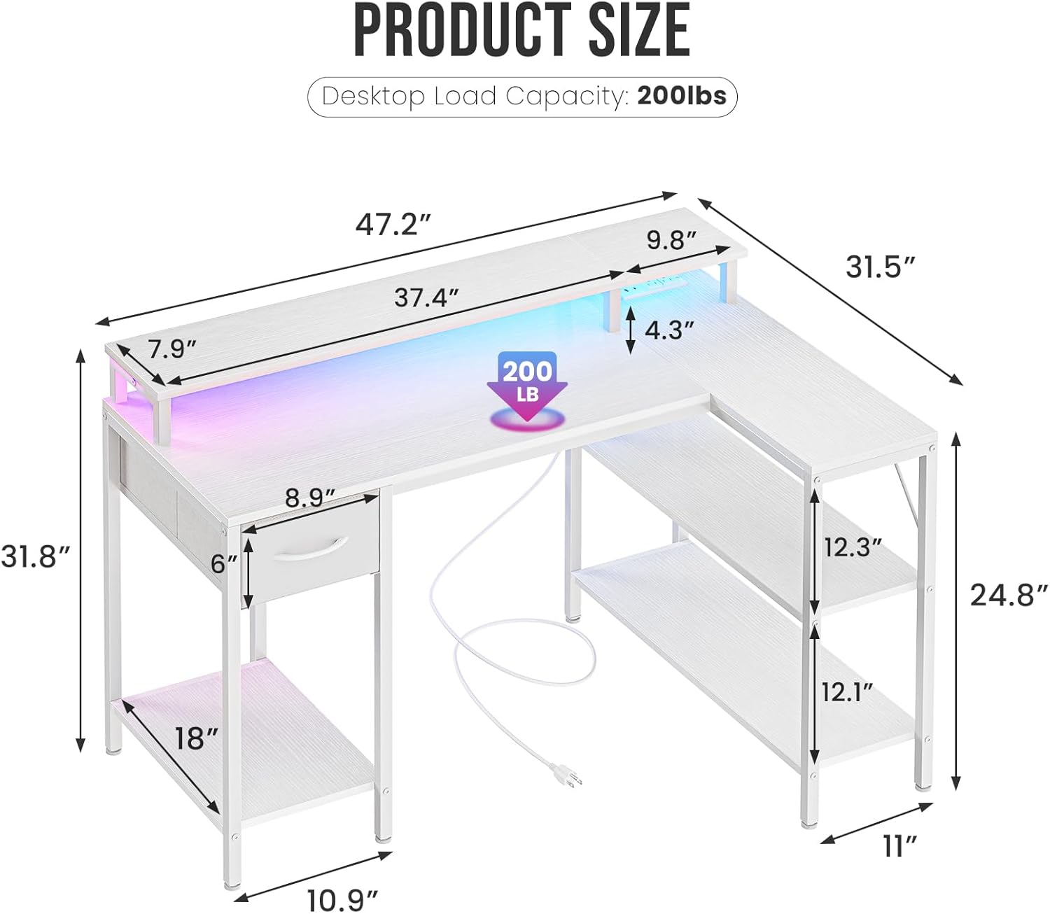 47?? Gaming Desk with USB Charging Ports & LED Lights, Reversible L Shaped Desks Computer Corner Gamer Table with Power Outlets Monitor Stand Storage Shelves for Home Office Small Space, White