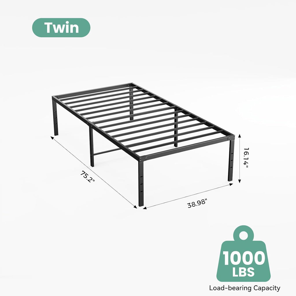 Twin Size 16 Inch Platform Bed Frame, Heavy Duty Metal Foundation Frame, Noise-Free Sturdy Steel Slats, Underbed Storage, No Box Spring Needed, Quick Setup