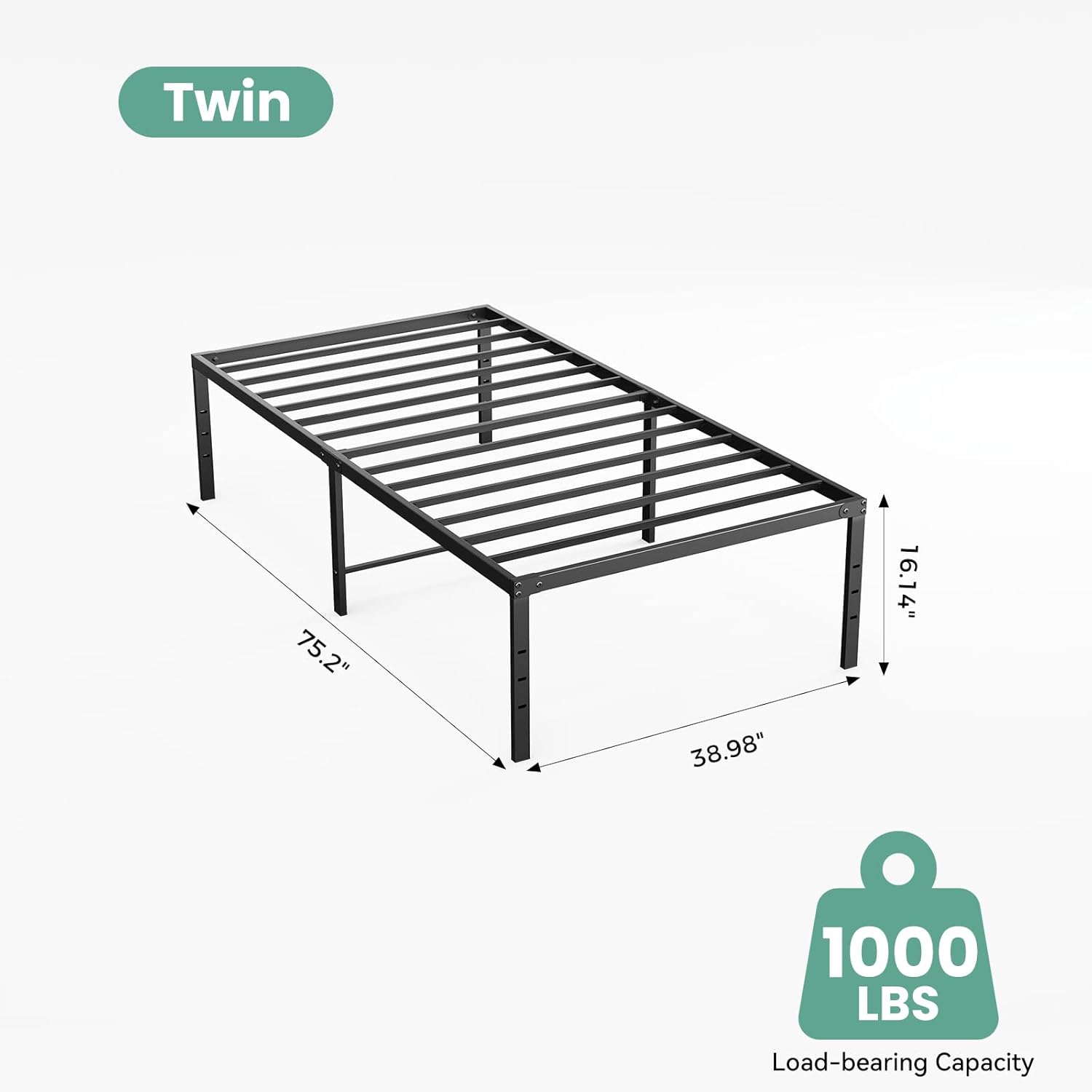 Twin Size 16 Inch Platform Bed Frame, Heavy Duty Metal Foundation Frame, Noise-Free Sturdy Steel Slats, Underbed Storage, No Box Spring Needed, Quick Setup