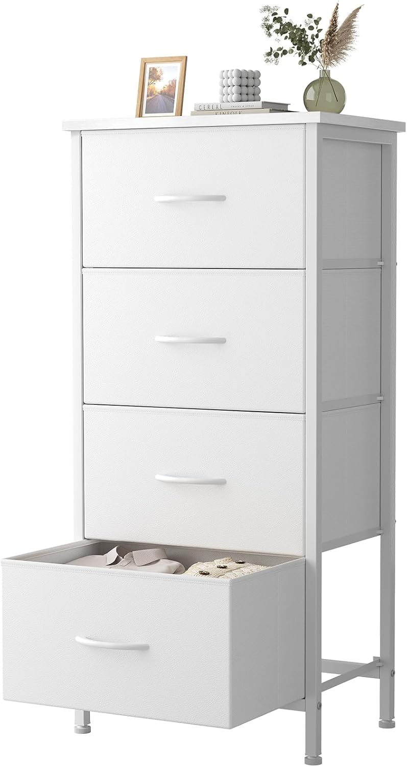 4 Fabric Drawer Small Dresser, Bedside Nightstand with Wooden Top Sturdy Frame, Entryway Closet Bedroom Storage Cabinet Furniture for Dorm,White