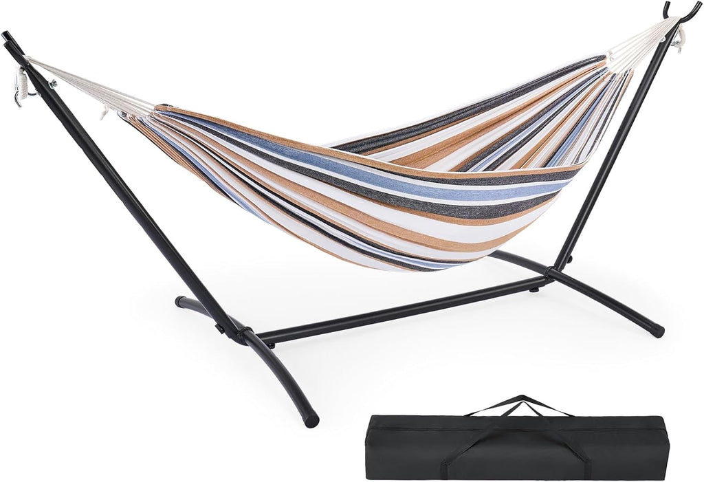 Double Hammock with Space Saving Stand, Heavy Duty Steel Frame, Portable for Outside & Indoor Use, 450lbs Capacity, Easy Assembly, Carrying Bag Included, Beige