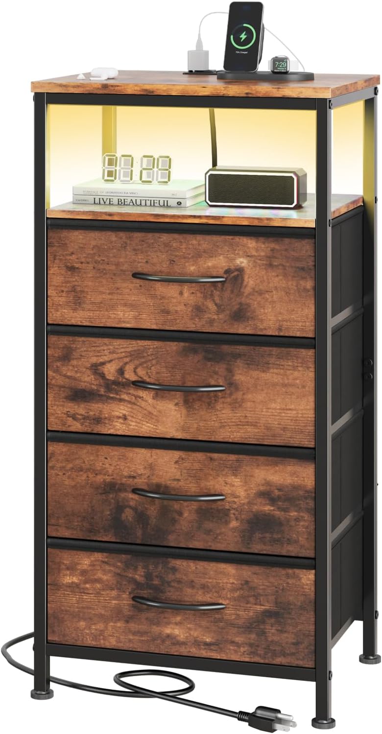 Nightstand with Charging Station, Bedside Tables with USB Ports and Fabric Drawer, Small Night Stand with Open Adjustable Shelf, Compact End Table for Bedroom, Black