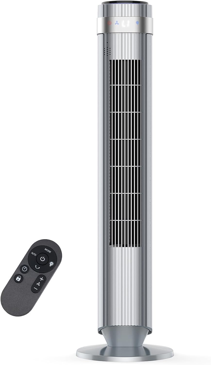 Tower Fan for Bedroom, 28dB Quiet Floor Standing Fan with Remote, 12H Timer, 5 Speeds, 4 Modes, LED Display, Portable Bladeless Oscillating Cooling Fan for Indoor, Home, Office - Silver