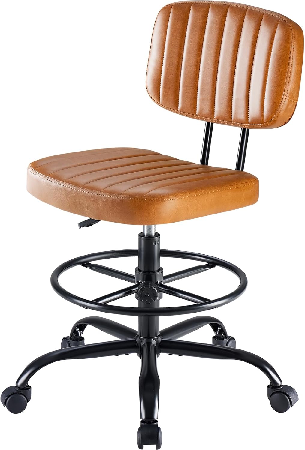 Armless Drafting Chair, Low Back Office Seat with Adjustable Footrest Ring for Standing Desk, Ergonomic PU Leather Office Seating, Swivel Rolling High Stool for Studio, Lab, Counter, Black