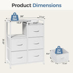 5 Drawer Fabric Dresser with Side Cabinet & Open Shelf, Storage Organizer Tower with Raised Top, Chest of Drawers for Bedroom, Closet, Hallway, Entryway & Living Room, White