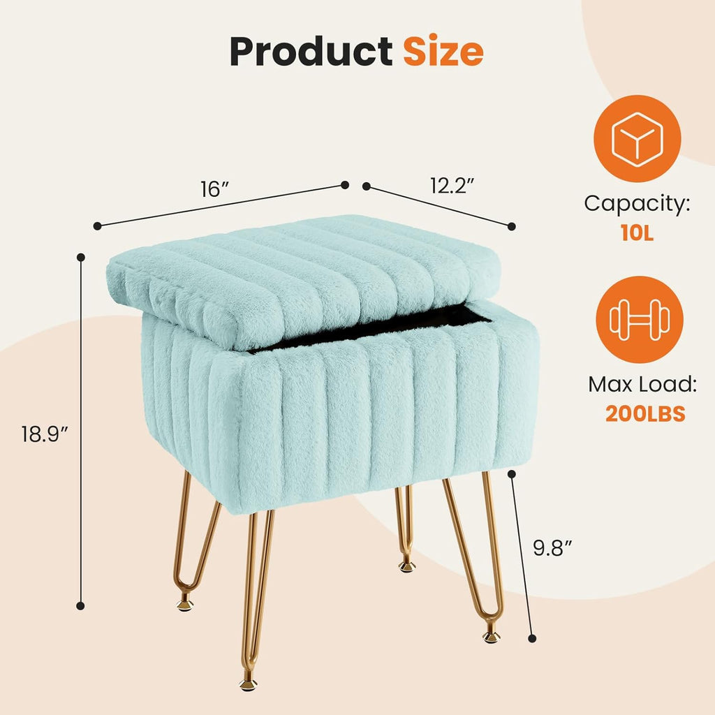 Vanity Stool Chair, Ottoman with Storage, Makeup Cute Soft Small Footstool, Modern Style Faux Fur Seat with 4 Metal Legs & Adjustable Feet for Dressing, Living Room, Bedroom, Dorm, Green