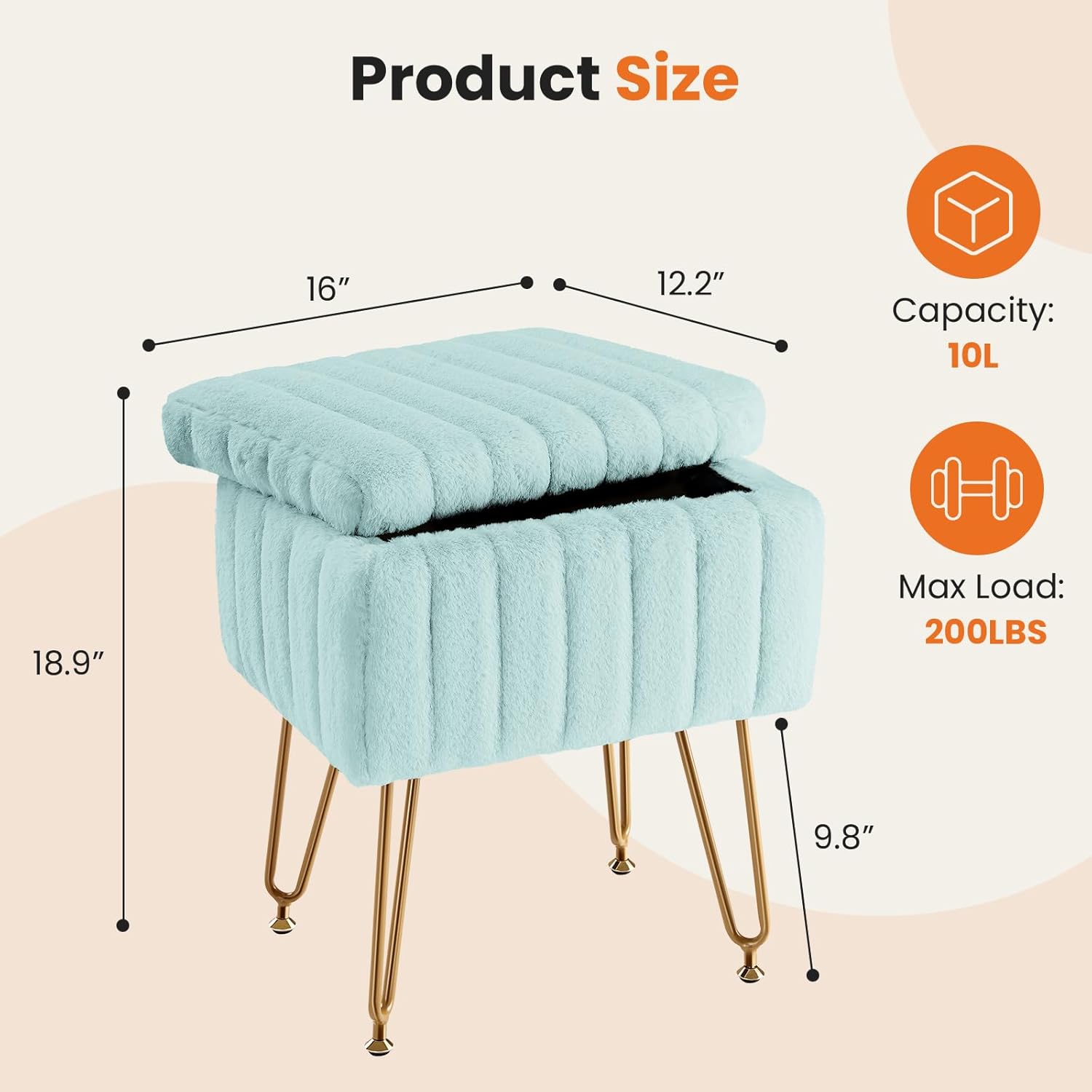 Vanity Stool Chair, Ottoman with Storage, Makeup Cute Soft Small Footstool, Modern Style Faux Fur Seat with 4 Metal Legs & Adjustable Feet for Dressing, Living Room, Bedroom, Dorm, Green