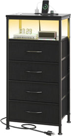 Nightstand with Charging Station, 3-Drawer Bedside Table with USB Ports & Type-C, Bedroom Night Stand with Fabric Drawers and Open Shelf, Tall Narrow End Table for Small Bedroom, Rustic Brown