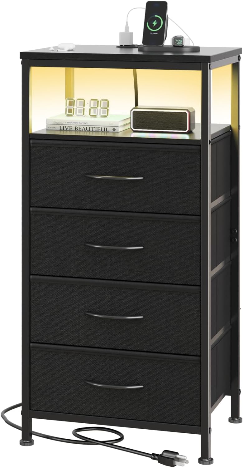 Nightstand with Charging Station, 3-Drawer Bedside Table with USB Ports & Type-C, Bedroom Night Stand with Fabric Drawers and Open Shelf, Tall Narrow End Table for Small Bedroom, Rustic Brown