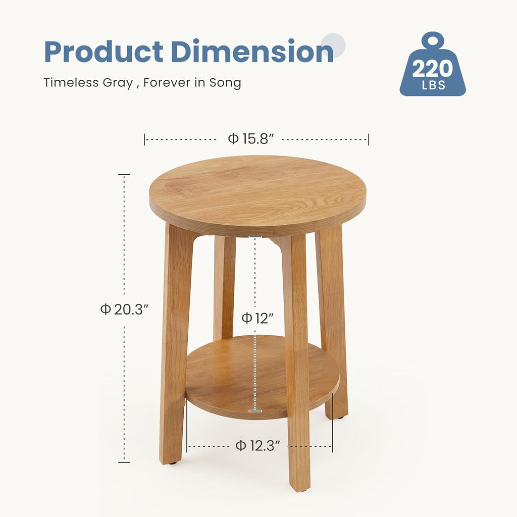 Small Round Side Tables Set of 2 for Living Room, 2-Tier Wood End Tables with Storage Shelf, 220 Lbs, Sturdy Bedside Nightstands with Non-Slip Pads, Easy Assembly, Natural Wood
