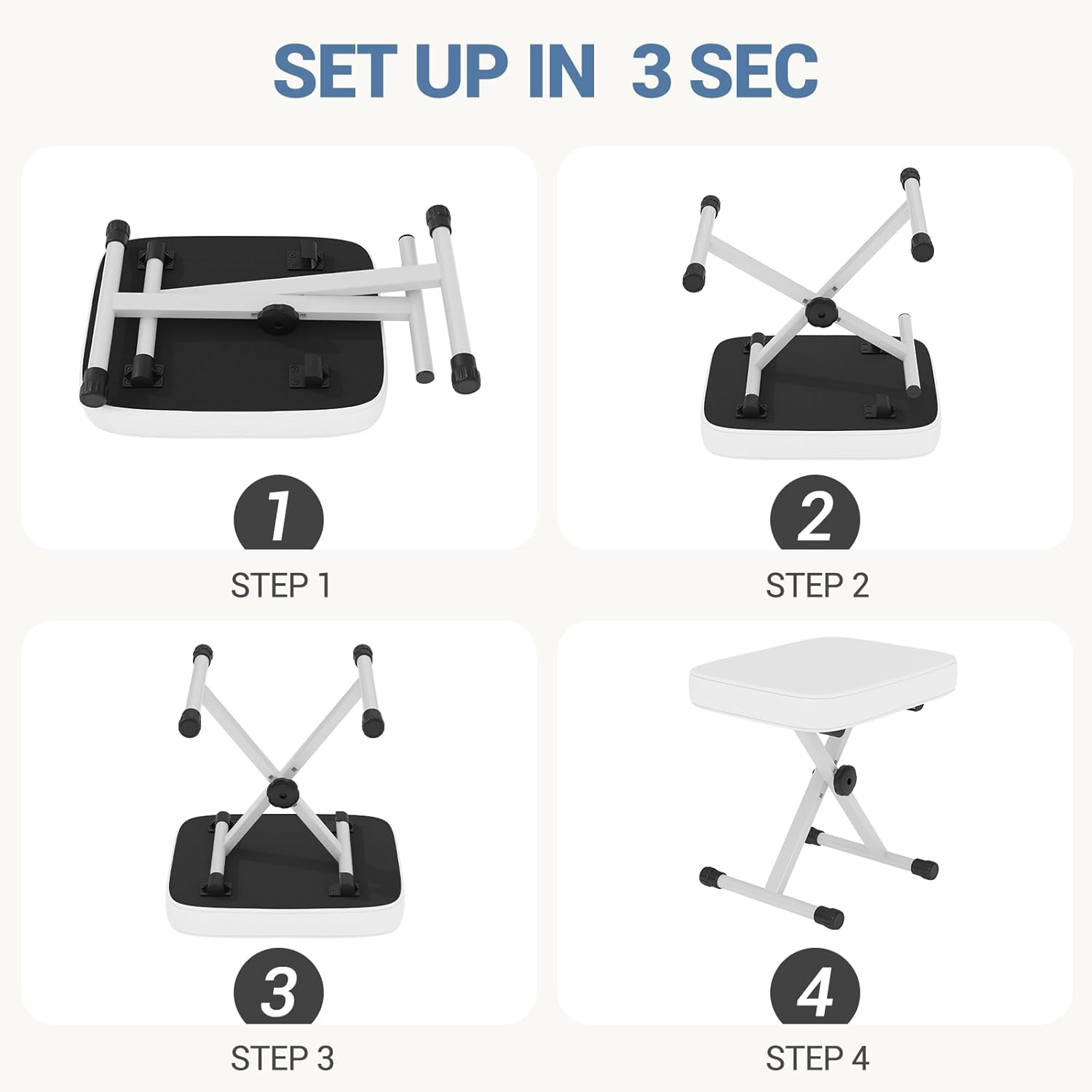 Adjustable Padded Keyboard Bench, X-Style Collapsible Piano Guitar Stool with 2.56 Inch Thickness High-Density Sponge and 3-Position Height, Waterproof Non-Skid Design, White