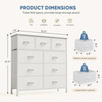 9 Drawer Dresser for Bedroom, Fabric Storage Organizer with Sturdy Metal Frame, Wooden Top Chest of Drawers for Closet Entryway Guest Room,White