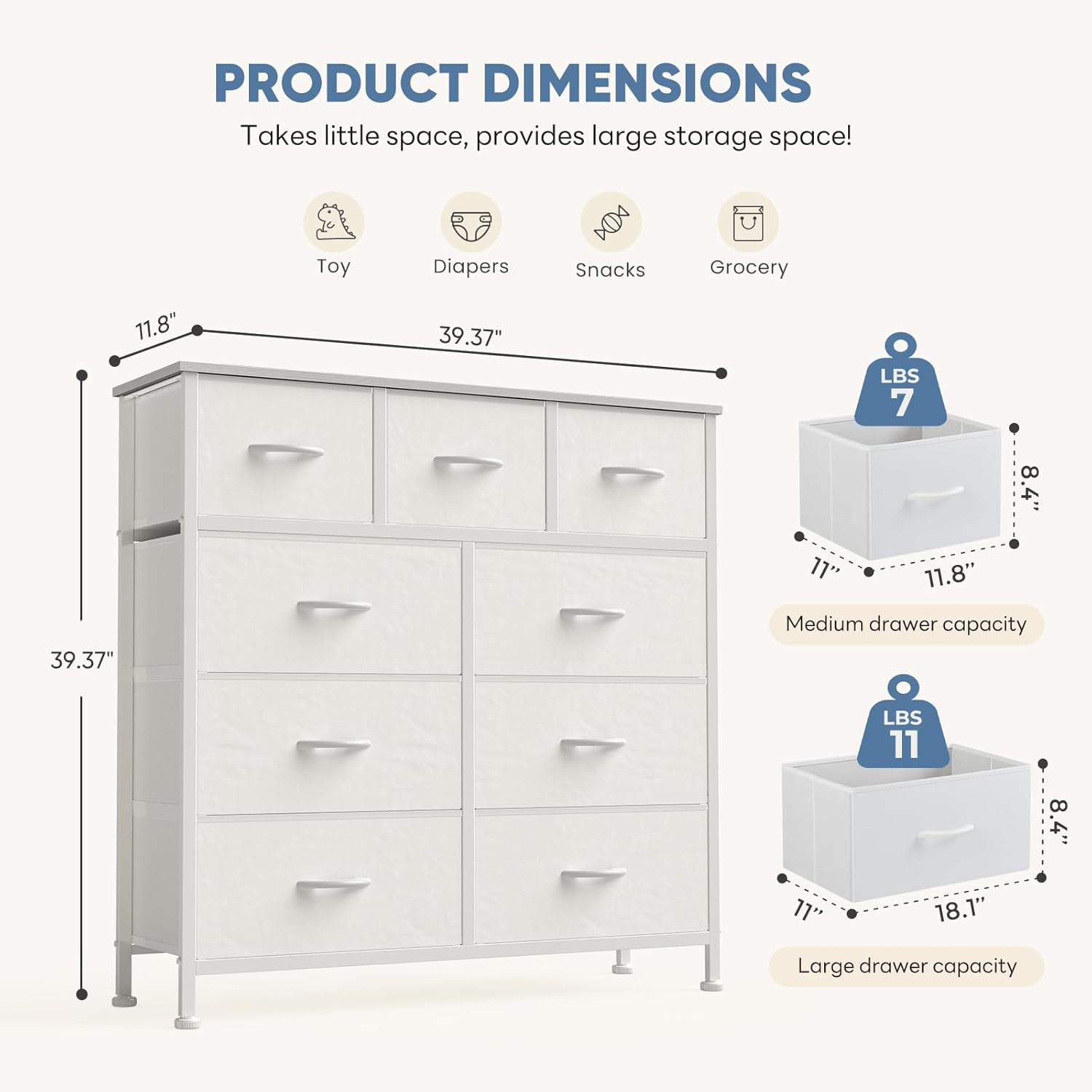 9 Drawer Dresser for Bedroom, Fabric Storage Organizer with Sturdy Metal Frame, Wooden Top Chest of Drawers for Closet Entryway Guest Room,White