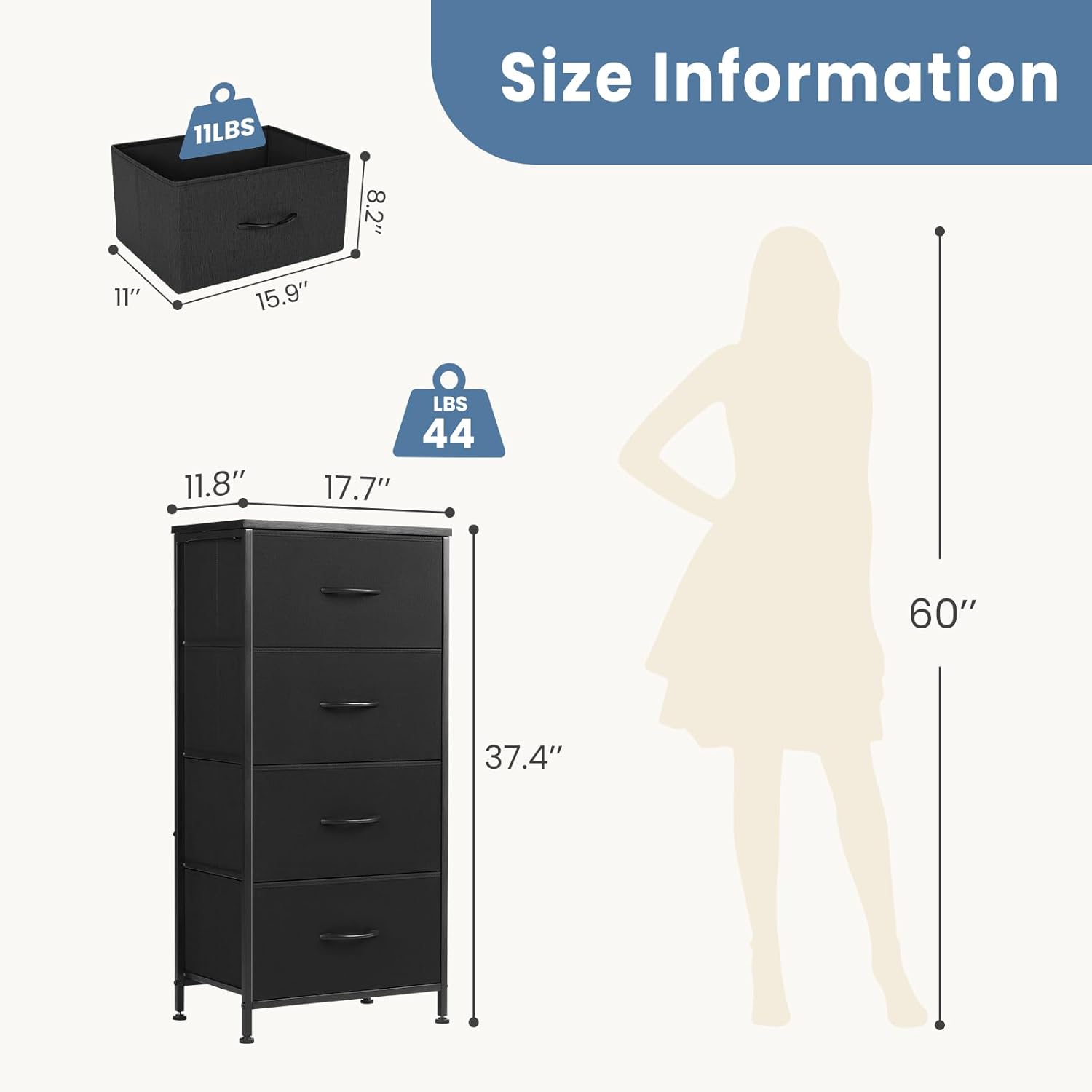 Nightstand with 4 Drawers Bedside Table with Removable Fabric Bins Sturdy Steel Frame Wood Top Organizer Furniture for Bedroom Closet Living Room