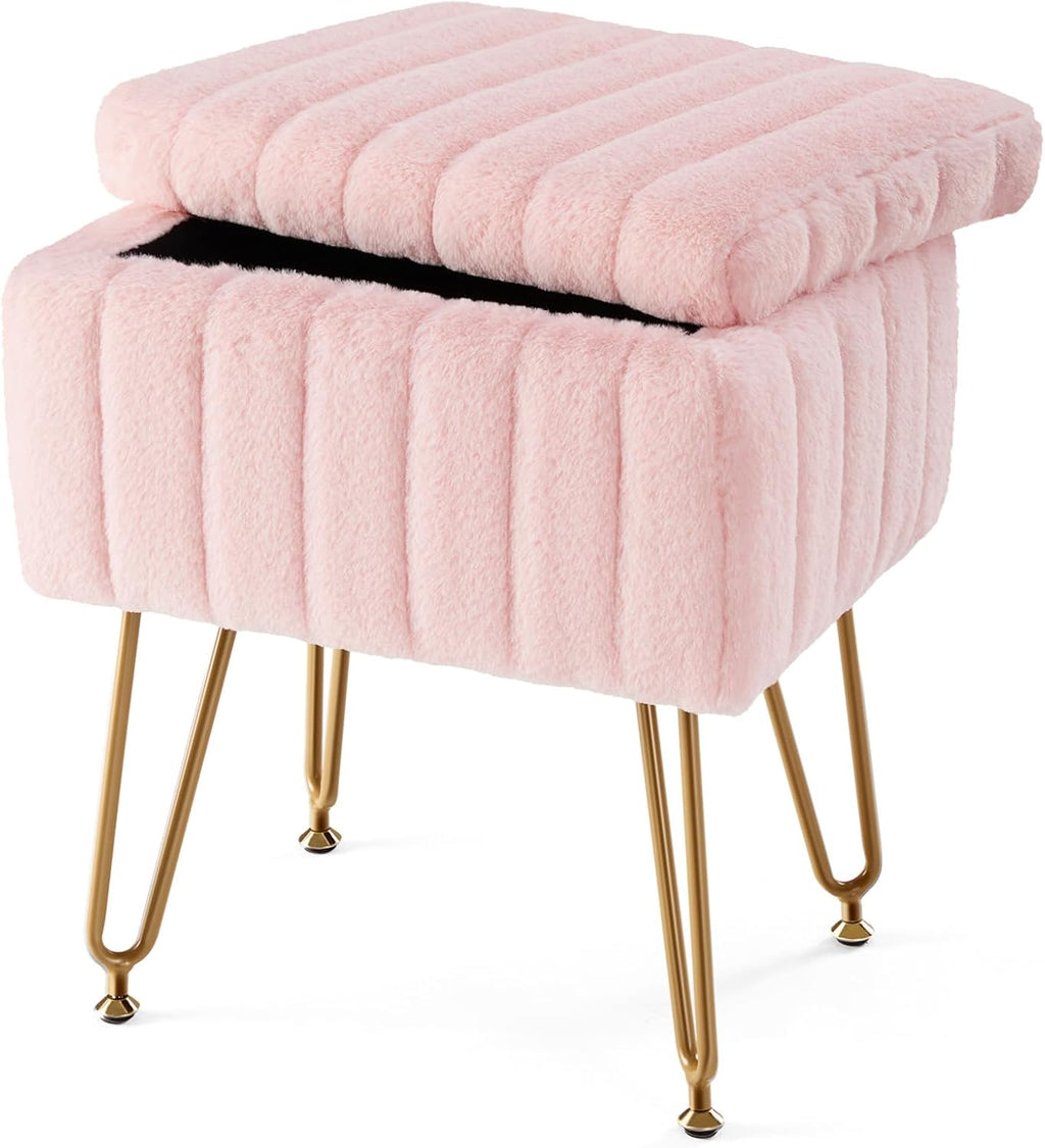 Vanity Stool Chair with Storage, 18.9??H x 16??L x 12.2??W Ottoman Chair Faux Fur Soft Padded Makeup Footstools Seat with 4 Metal Legs Anti-Slip Adjustable Feet for Make Up, Grey
