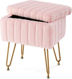 Vanity Stool Chair with Storage, 18.9??H x 16??L x 12.2??W Ottoman Chair Faux Fur Soft Padded Makeup Footstools Seat with 4 Metal Legs Anti-Slip Adjustable Feet for Make Up, Grey