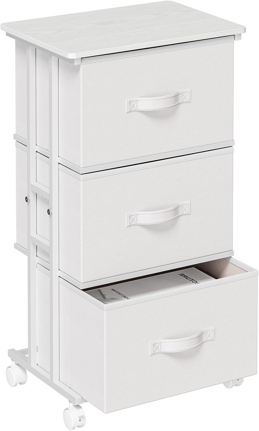 3 Drawer Fabric Dresser with Wheels, Storage Cabinet Organizer with Removable Drawers, Rolling Chest with Steel Frame for Bedroom, Closet, Living Room, Entryway, White