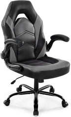 Ergonomic Computer Gaming Chair with Flip-up Armrest, Height Adjustable PU Leather Home Office Desk Chair with Lumbar Support Swivel Wheels and for Adults and Kids, Black and Gray