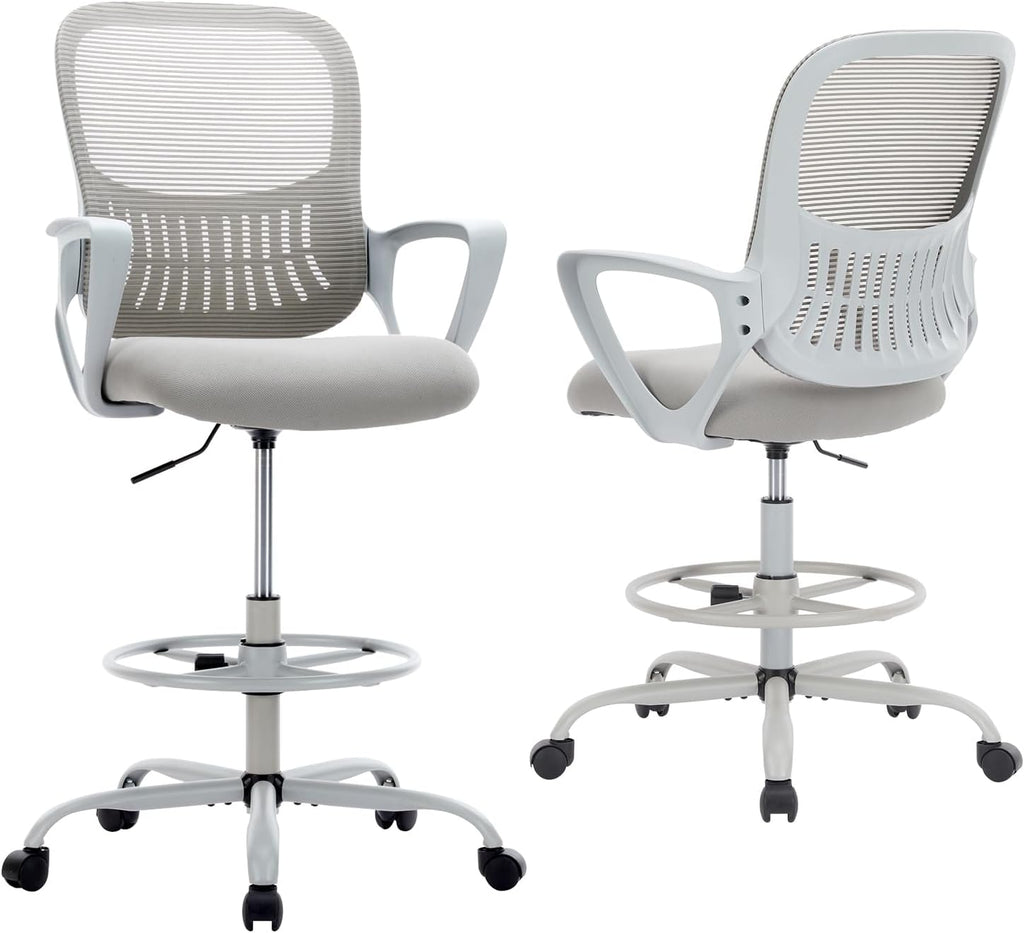 Drafting Chair for Standing Desk, Counter Height Adjustable, Flip-up Arms, Ergonomic Mid Back Mesh Rolling Work Swivel Office Computer Chairs with Wheels, Grey